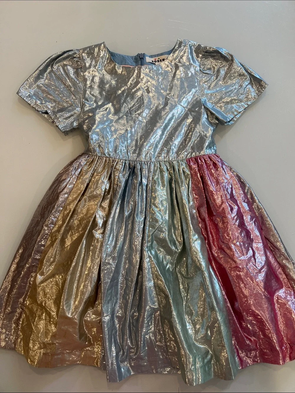 Mini Boden Metallic Multi-Color Dress - Silver & Rainbow Panels